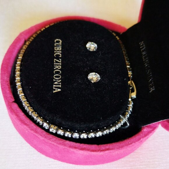 *50off3* NWT Sterling Silver Set CZ 4mm Tennis Bracelet 5mm Stud Earrings - Picture 4 of 5